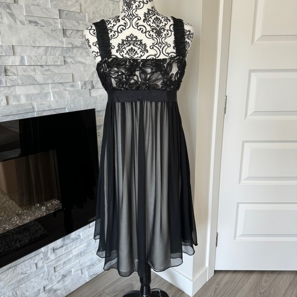 Marchesa Notte 100% Silk Two Layer Dress Floral Mesh Top Rufgle Strap Black 6 - Picture 1 of 11